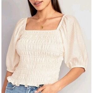 Old Navy Cream Smocked Puff Sleeve Square Neck Top M Peasant Neutral Coquette